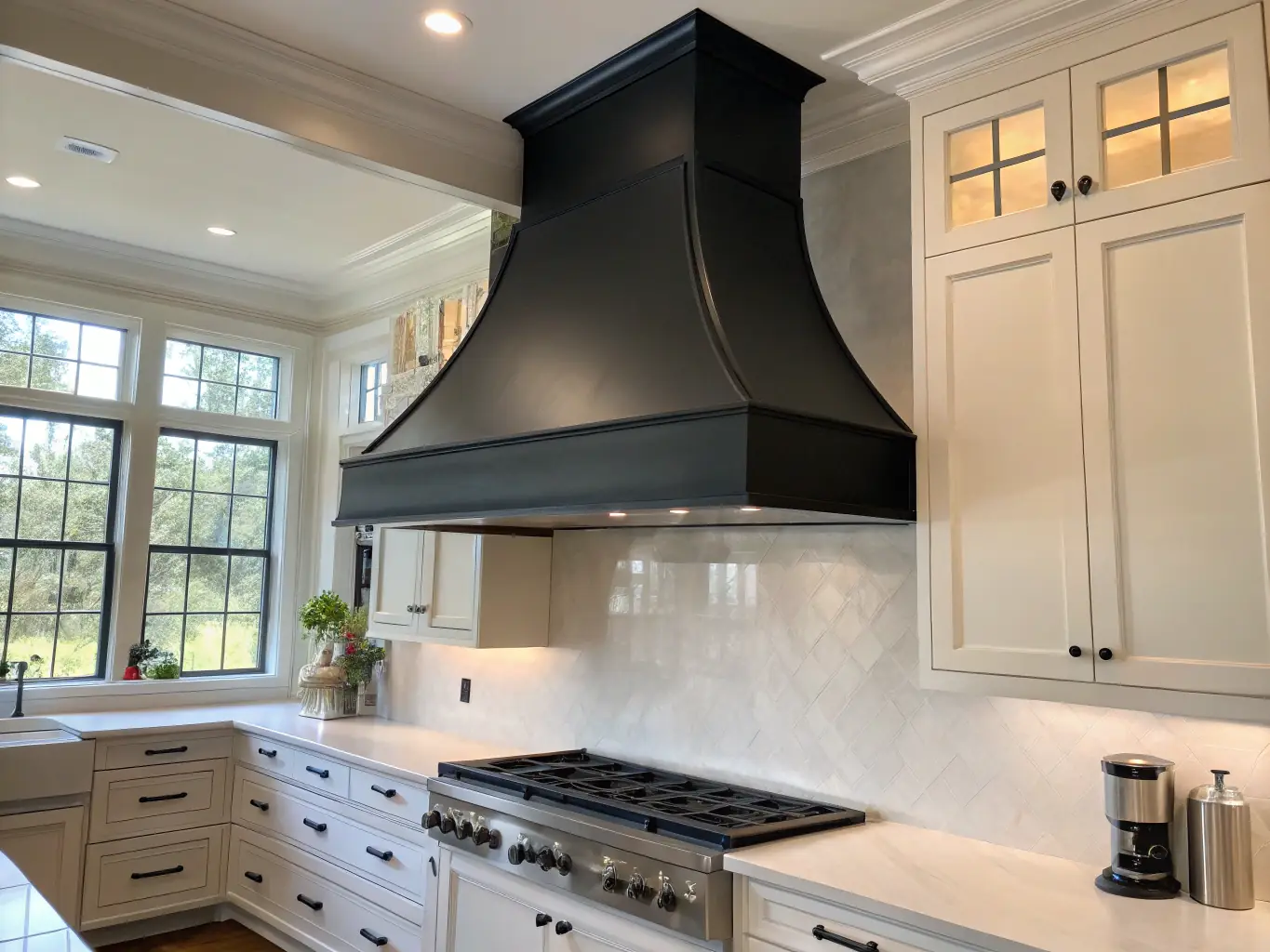 A sleek, custom-designed range hood in a modern kitchen, featuring a black steel finish and minimalist aesthetic, fabricated by Mack Metalworks.