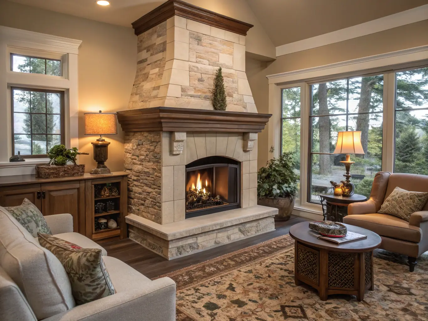 An elegant fireplace face made of steel, featuring artistic cutouts and a black finish, installed in a cozy living room setting, fabricated by Mack Metalworks.