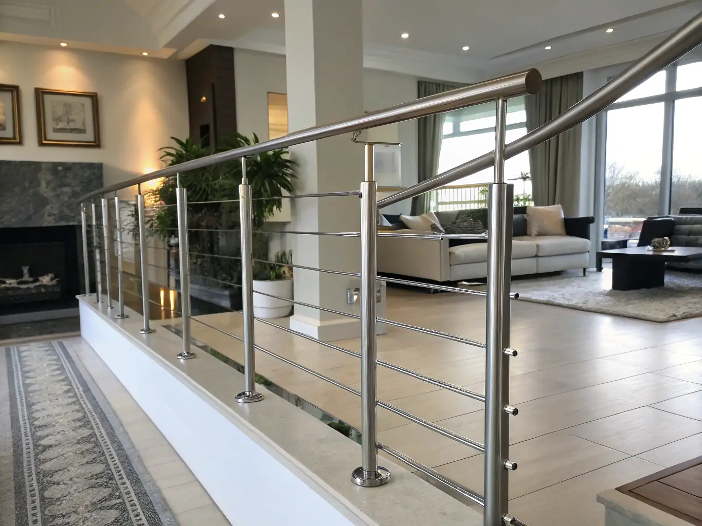 A close-up shot of a modern, black steel railing with intricate geometric designs, fabricated by Mack Metalworks, set against a blurred background of a contemporary home interior.